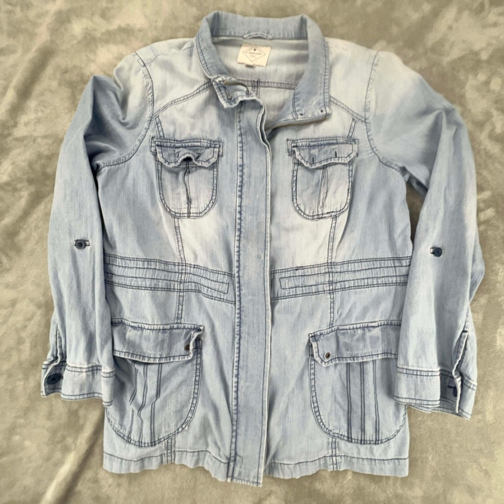 Y2K St Johns Bay Denim Utility Jacket Womens XL Light Wash‎ Zip Cargo Pockets